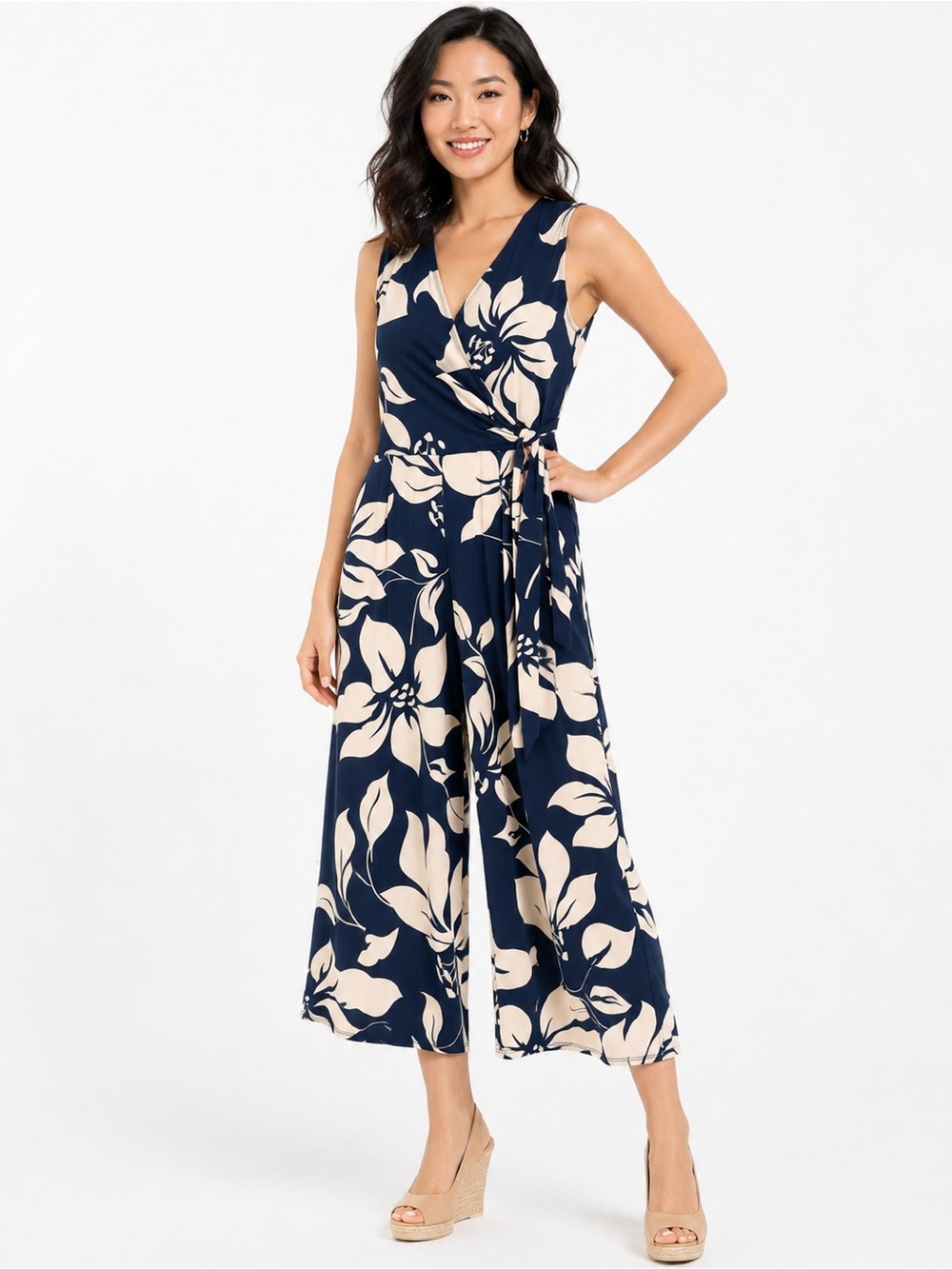 HARLOW & ROSE Blue White Floral Faux Wrap Wide Leg Jumpsuit Medium NWOT